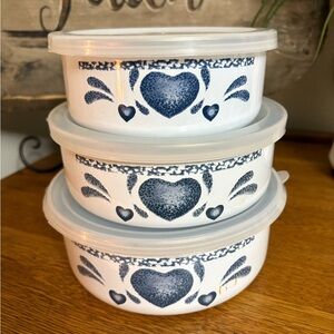 Vintage Corelle Enamel Blue Country Heart Nesting Bowls w/Lids